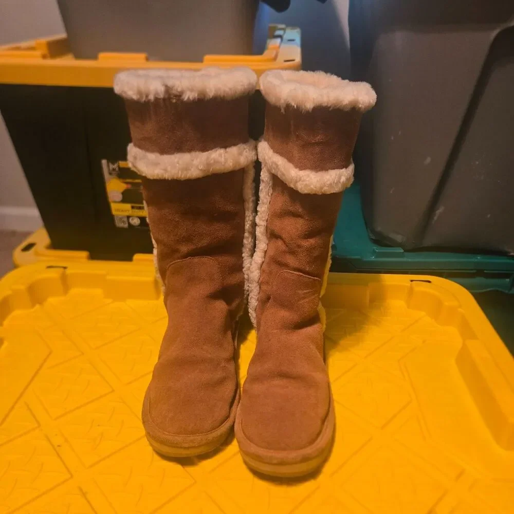 Michael Kors Womens Size 10 Brown Shearling Tall Winter Boots Suede Fur Trim